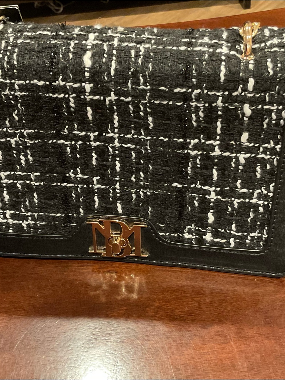 Black & White Tweed Crossbody Bag with Gold Hardware